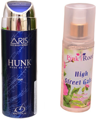 

Pink Root HIGH STREET GALS BODY MIST 200ML WITH ARIS HUNK DEO BODY SPRAY FOR MEN 200ML(Set of 2)