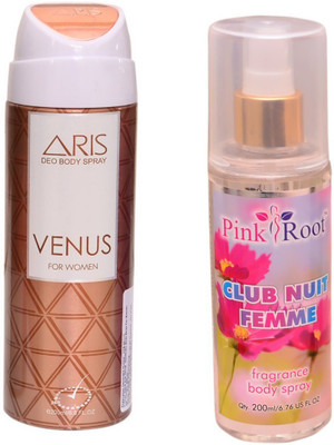 

Pink Root CLUB NUIT FEMME BODY MIST 200ML WITH ARIS VENUS DEO BODY SPRAY FOR WOMEN 200ML(Set of 2)
