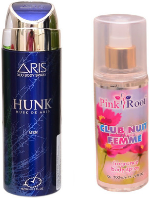 

Pink Root CLUB NUIT FEMME BODY MIST 200ML WITH ARIS HUNK DEO BODY SPRAY FOR MEN 200ML(Set of 2)