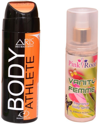 

Pink Root VANITY FEMME BODY MIST 200ML WITH ARIS ATHLETE BODY DEO SPRAY FOR MEN 200ML(Set of 2)