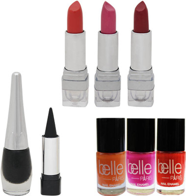 

Belle Set of 3 Lipsticks + 3 Nail paints + 1 Kajal + 1 Eye liner(Set of 8)