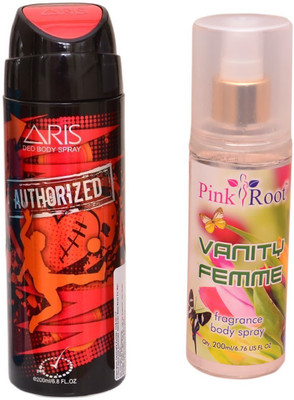 

Pink Root VANITY FEMME BODY MIST 200ML WITH ARIS AUTHORISED DEO BODY SPRAY FOR MEN 200ML(Set of 2)