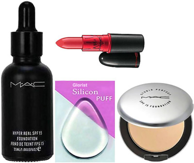 

glorist Puff, Mac Hyper Real Foundation SPF 15, Studio Prefect Compact, Lady Gaga Lipstick(Set of 4)