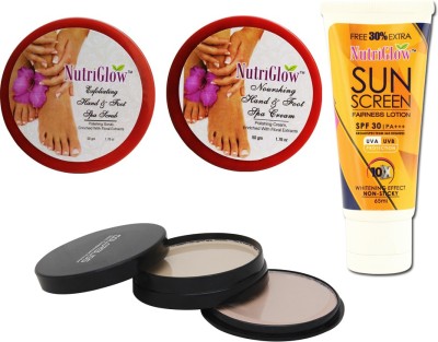 

NutriGlow Set of 1 Hand and foot scrub + 1 Hand and foot cream + 1 Sunscreen SPF30 + 1 Compact(Set of 4)