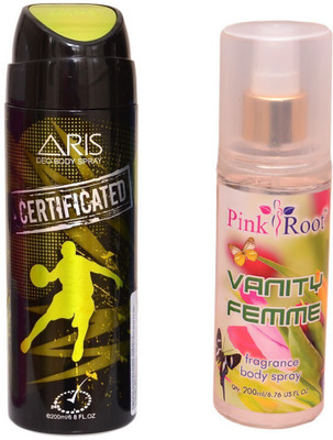 

Pink Root VANITY FEMME BODY MIST 200ML WITH ARIS CERTIFICATED DEO BODY SPRAY FOR MEN 200ML(Set of 2)