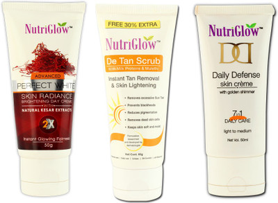

NutriGlow Set of 1 Advance perfect kesar fairness crème + 1 DE-tan facial scrub + 1 daily defense DD creme(Set of 3)