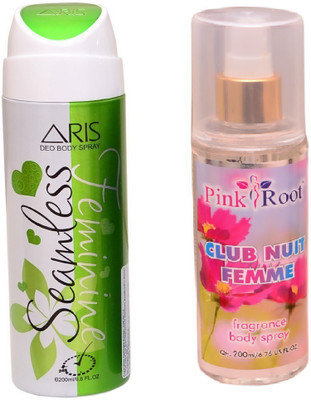

Pink Root CLUB NUIT FEMME BODY MIST 200ML WITH ARIS SEAMLESS DEO BODY SPRAY FOR WOMEN 200ML(Set of 2)