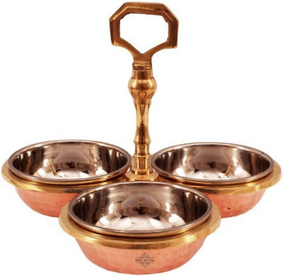 

IndianArtVilla Handmade Steel Copper 3 Compartment Condiment Pickle Set,250 ML Each, Serveware & Tableware 1 Piece Condiment Set(Copper, Steel)