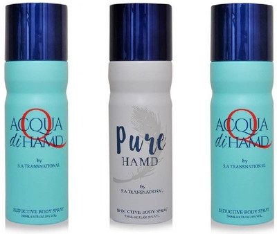 

HAMD 2 ACQUA & 1 PURE PACK OF 3 Deodorant Spray - For Men & Women(600 ml, Pack of 3)