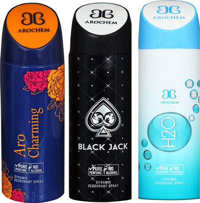 

AROCHEM ARO CHARMING , BLACK JACK AND H2O DYNAMIC PURE Deodorant Spray - For Men & Women(200 ml, Pack of 3)