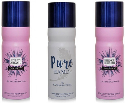

hamd 2 ESSENCE & 1 PURE PACK OF 3 Deodorant Spray - For Men & Women(600 ml, Pack of 3)