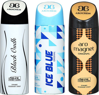 

AROCHEM BLACK OUDH , ICE BLUE AND ARO MAGNET DYNAMIC PURE Deodorant Spray - For Men & Women(200 ml, Pack of 3)