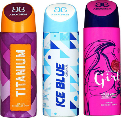 

AROCHEM TITANIUM , ICE BLUE AND CHARMING GIRL DYNAMIC PURE Deodorant Spray - For Men & Women(200 ml, Pack of 3)