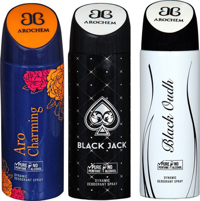 

AROCHEM ARO CHARMING , BLACK JACK AND BLACK OUDH DYNAMIC PURE Deodorant Spray - For Men & Women(200 ml, Pack of 3)