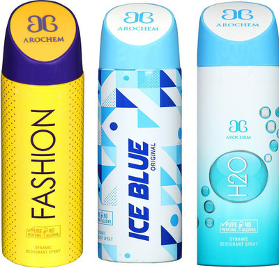 

AROCHEM FASHION , ICE BLUE AND H2O DYNAMIC PURE Deodorant Spray - For Men & Women(200 ml, Pack of 3)