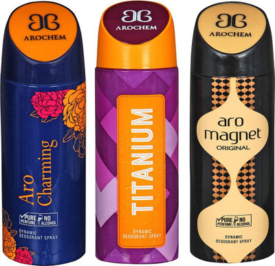 

AROCHEM ARO CHARMING , TITANIUM AND ARO MAGNET DYNAMIC PURE Deodorant Spray - For Men & Women(200 ml, Pack of 3)