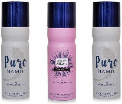 

HAMD 2 PURE & 1 ESSENCE PACK OF 3 Deodorant Spray - For Men & Women(600 ml, Pack of 3)