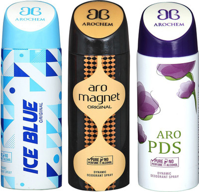 

AROCHEM ICE BLUE , ARO MAGNET AND AND ARO PDS DYNAMIC PURE Deodorant Spray - For Men & Women(200 ml, Pack of 3)