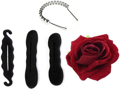 

KashQueen Set of 4 Hair Accessories for Womens (3 Juda Maker and 1 Rose Clip) with Hair Band Hair Accessory Set(Black)