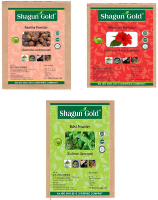 

Shagun gold 100% Pure Natural Reetha, tulsi (basil)& Hibiscus powder 100gX3 for hair Treatment & Face pack(300 g)
