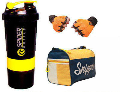 

Snipper Combo of Tomy Yellow Gym Bag, Gloves Orange and Spider Shaker Yellow. Gym & Fitness Kit