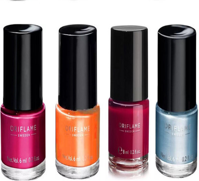 

Oriflame nail polish combo coral orange, intense pink, ruby pink, blue(Pack of 4)