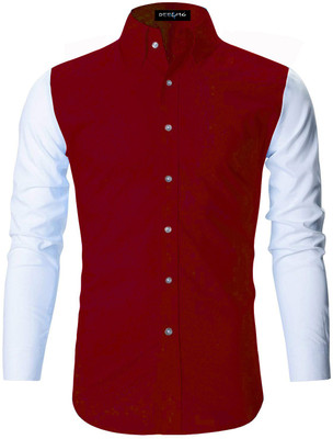 DEELMO Men Self Design Casual Red Shirt