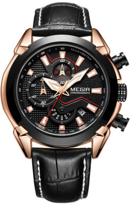 MEGIR 2065 MEGIR Analog Chronograph Luxury Gold & Black Leather Strap Analog Watch For Men Analog Watch  - For Men