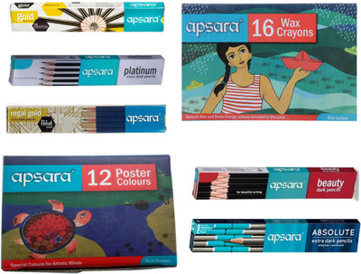 

Apsara 10 ABSOLUTE PENCILS+10 REGAL GOLD PENCILS+10 PLATINUM PENCILS+10 GOLD PENCILS+10 BEAUTY PENCILS+ 1 SET 12 SHADE POSTER COLOURS+1 SET 16 SHADE WAX CRAYONS