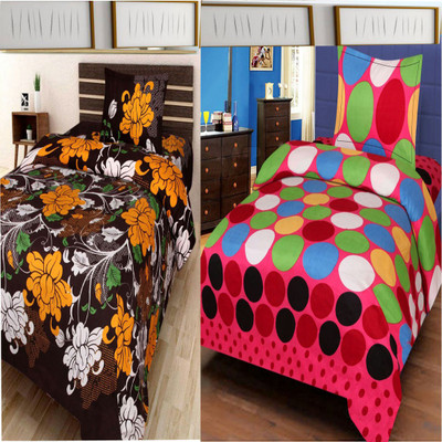 DEVYA DÉCOR 180 TC Cotton Single 3D Printed Flat Bedsheet(Pack of 2, Multicolor)