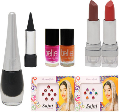 

Belle Set of 2 Lipsticks + 1 2 Nail paints + 1 Kajal + 1 Eye liner + 2 Bindi packets(Set of 8)