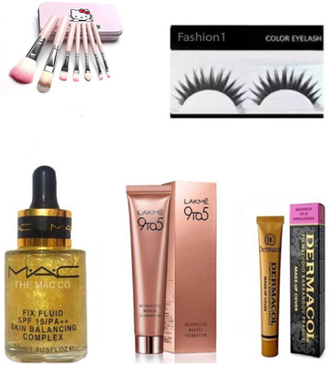 

FASHION 1 Combo of Mac fix fluid serum,lakme 9to5 foundation,kitty makeup brush,dermacol with eyelashes (set of 5)(Set of 5)