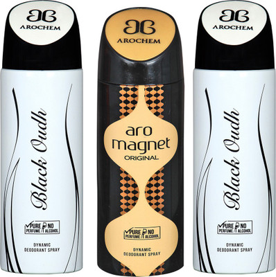

AROCHEM BLACK OUDH , ARO MAGNET AND BLACK OUDH DYNAMIC PURE Deodorant Spray - For Men & Women(200 ml, Pack of 3)