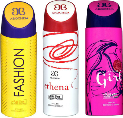 

AROCHEM FASHION , ETHENA AND CHARMING GIRL DYNAMIC PURE Deodorant Spray - For Men & Women(200 ml, Pack of 3)