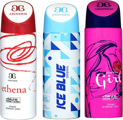 

AROCHEM ETHENA , ICE BLUE AND CHARMING GIRL DYNAMIC PURE Deodorant Spray - For Men & Women(200 ml, Pack of 3)