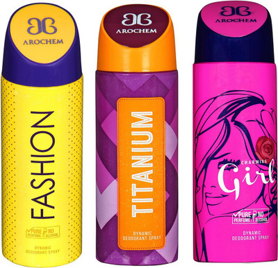 

AROCHEM FASHION , TITANIUM AND CHARMING GIRL DYNAMIC PURE Deodorant Spray - For Men & Women(200 ml, Pack of 3)
