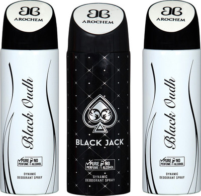 

AROCHEM BLACK OUDH , BLACK JACK AND BLACK OUDH DYNAMIC PURE Deodorant Spray - For Men & Women(200 ml, Pack of 3)