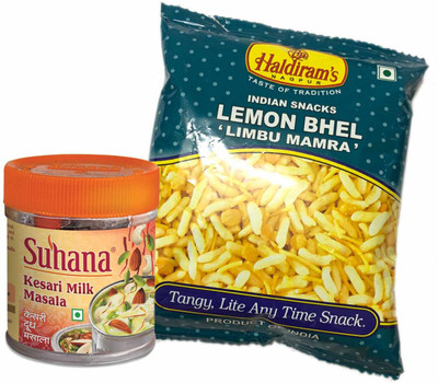 

Mithai4all Diwali Gift Hamper of Kesari Milk Masala, Lemon Bhel with Paper Bag Combo(1 Hamper)