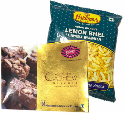 

Mithai4all Diwali Gift Hamper of Chocolate Cashew Biscuits, Lemon Bhel with Paper Bag Combo(1 Hamper)