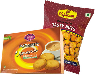 Mithai4all Diwali Gift Hamper of Osmania Biscuits, Tasty Nuts (50gms) with Paper Bag Combo(1 Hamper)