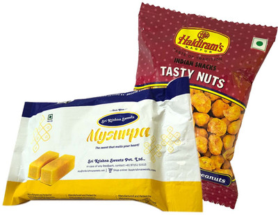 

Mithai4all Diwali Gift Hamper of Mysurpa, Tasty Nuts (50gms) with Paper Bag Combo(1 Hamper)