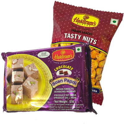 

Mithai4all Diwali Gift Hamper of Chocolate Soan Papdi, Tasty Nuts (150gms) with Paper Bag Combo(1 Hamper)