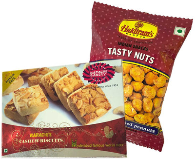 

Mithai4all Diwali Gift Hamper of Cashew Biscuits, Tasty Nuts (50gms) with Paper Bag Combo(1 Hamper)