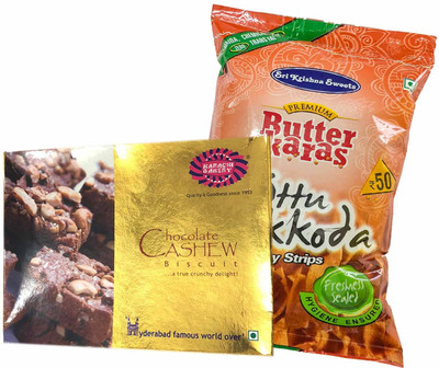 

Mithai4all Diwali Gift Hamper of Chocolate Cashew Biscuits, Ribbon Pakoda with Paper Bag Combo(1 Hamper)