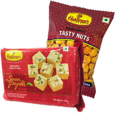 

Mithai4all Diwali Gift Hamper of Soan Papdi, Tasty Nuts (150gms) with Paper Bag Combo(1 Hamper)