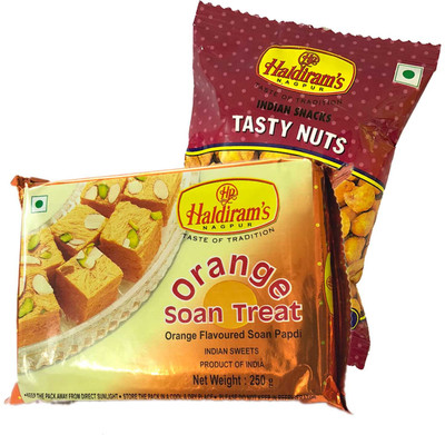 

Mithai4all Diwali Gift Hamper of Orange Soan Papdi, Tasty Nuts (150gms) with Paper Bag Combo(1 Hamper)