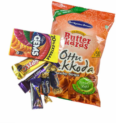 

Mithai4all Diwali Gift Hamper of Cadbury Mix Chocolates, Ribbon Pakoda with Paper Bag Combo(1 Hamper)