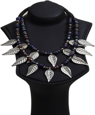 NIARA Dual layered Handmade Tribal Necklace in Multicolored Glass And Silver Leaf Hangings with Thread Closure Metal Necklace