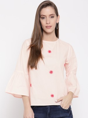 VAAK Casual Bell Sleeve Embroidered Women Pink Top