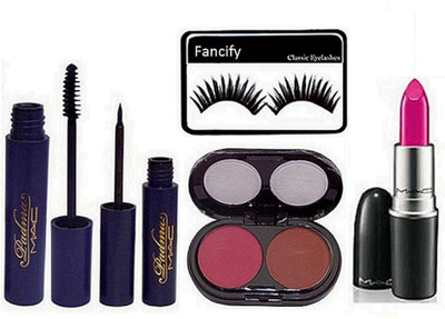 

fancify Eyelashes ,Liquid Black Eyeliner & Mascara , 2 Shades Blusher & Matte Lipstick(Set of 5)